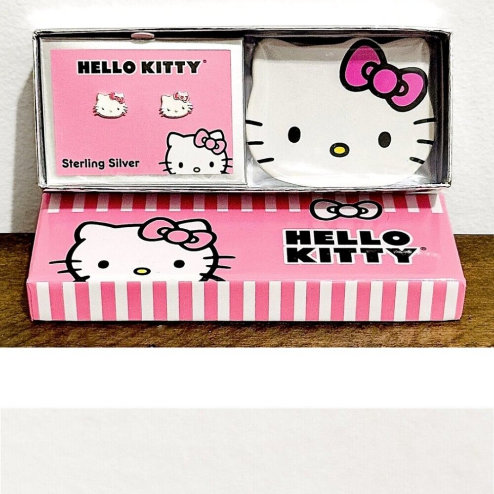 Hello Kitty 2pc Set Earrings in Sterling Silver & Trinket Dish. NWT and Box